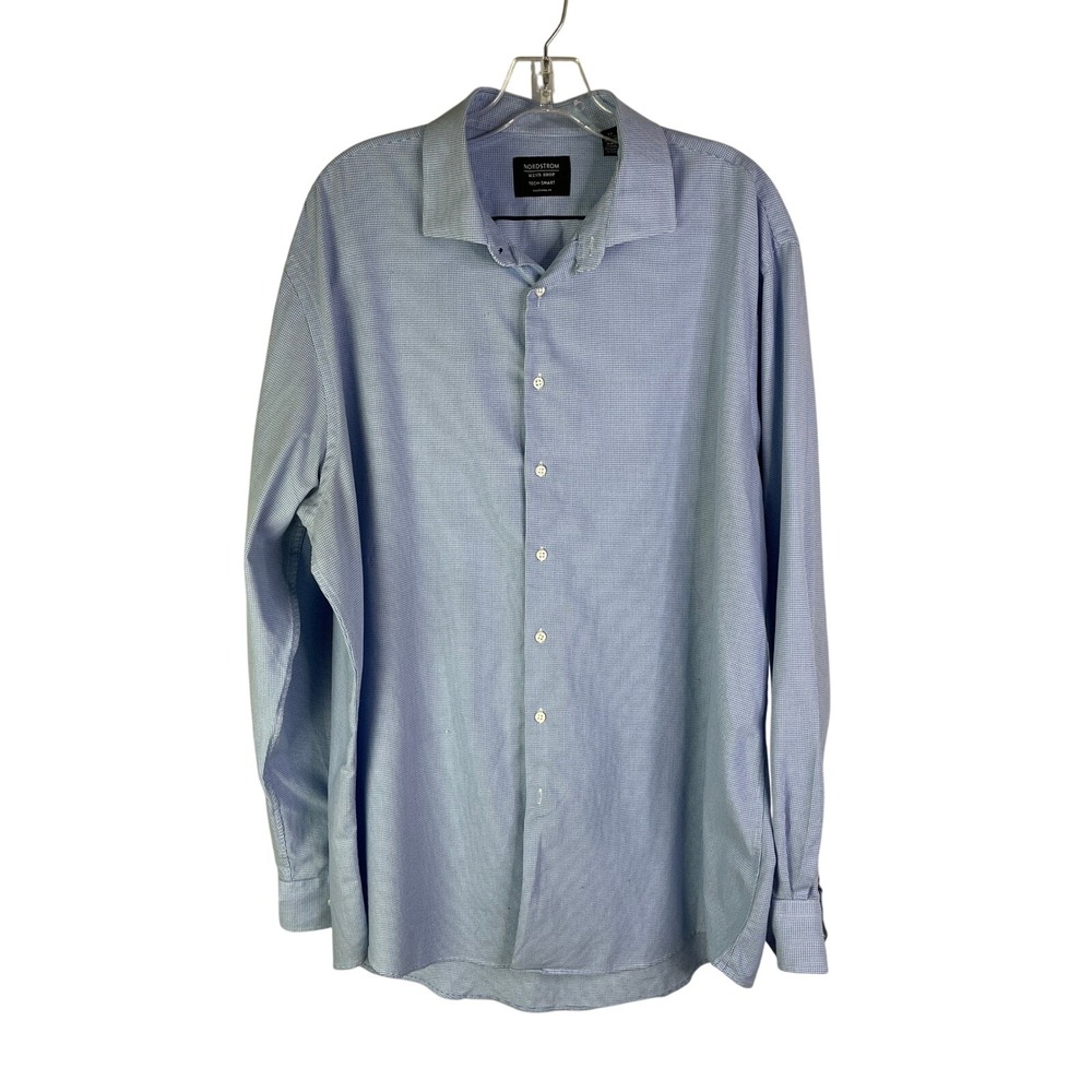 Nordstrom Dress Shirt Mens 17 36-37 Tech-Smart Houndstooth Traditional Fit Blue - Picture 2 of 13